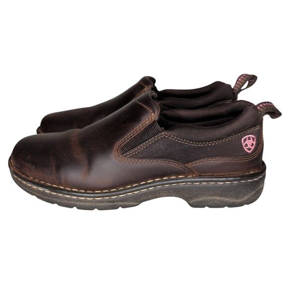 Ariat Women's 9B Traverse Slip-On Work Brown Leather Shoes Pink Logo Distressed - Picture 2 of 9